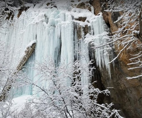 A frozen waterfall surrounded by snow-covered trees and rocky cliffs, creating a serene winter landscape.