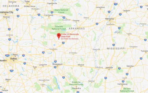 Map showing the location of Crater of Diamonds State Park in Arkansas, near the border with Texas.