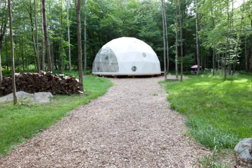A geodesic dome structure surrounded by trees, with a path of wood chips leading to it and stacked firewood nearby.