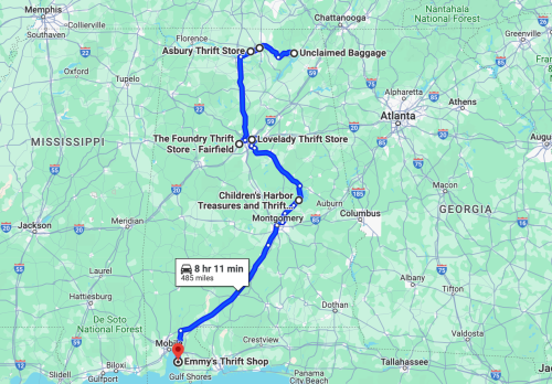 Map showing a route from Gulf Shores to various thrift stores in Alabama, totaling 485 miles and 8 hours 11 minutes.