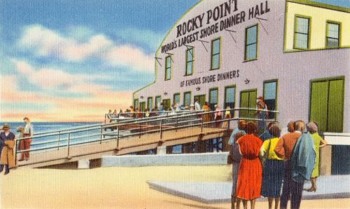 A vintage illustration of Rocky Point, a large shore dinner hall, with people lining up outside by the water.