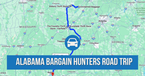 Map highlighting a road trip route in Alabama for bargain hunters, featuring thrift store locations.