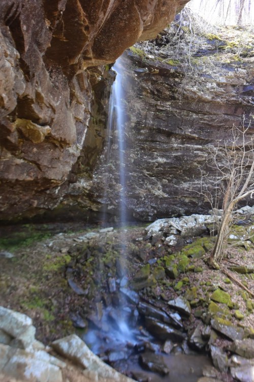 A serene waterfall cascades from a rocky overhang into a mossy, stone-filled creek below.