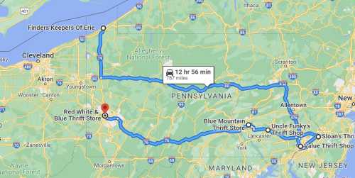 Map showing a route from Finders Keepers of Erie to various thrift shops in Pennsylvania, totaling 12 hours and 56 minutes.