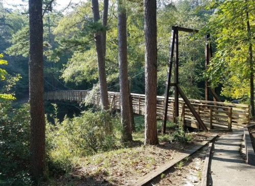 A wooden suspension bridge spans a calm river, surrounded by lush green trees and a peaceful nature path.