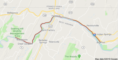 Map showing a section of road in Maryland, including towns like Hancock, Big Pool, and nearby landmarks.