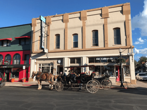 A horse-drawn carriage parked in front of a historic hotel and shops on a sunny day.