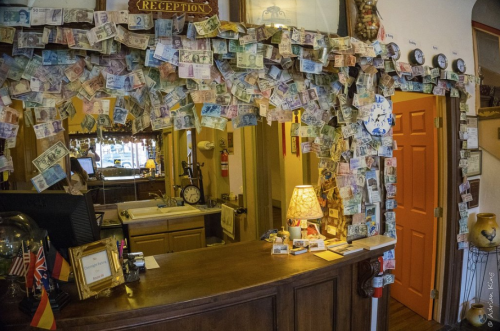 A reception area adorned with various banknotes, creating a colorful and eclectic display around the counter.