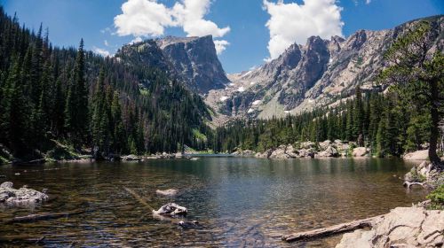 A serene mountain lake surrounded by lush trees and towering peaks under a blue sky with fluffy clouds.