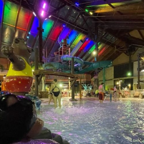 Indoor water park scene with colorful lights, water slides, and people enjoying the pool. A large bear statue is visible.