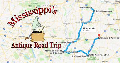 Map of Mississippi's Antique Road Trip, highlighting routes to New Albany, Simmons & Wright Co., and Relics Marketplace.