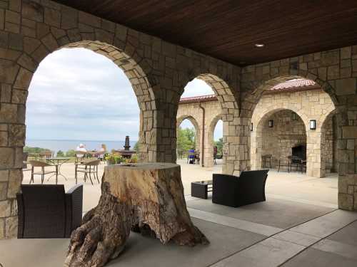 A stone patio with arches, featuring a large tree stump and outdoor seating, overlooking a scenic view.