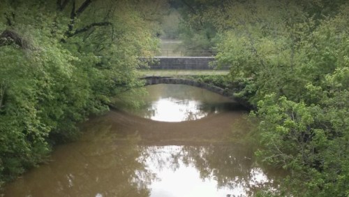 A stone bridge arches over a muddy river, surrounded by lush green trees and foliage.