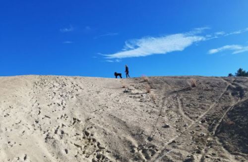 A person walks a dog on a sandy hill under a clear blue sky with scattered clouds.