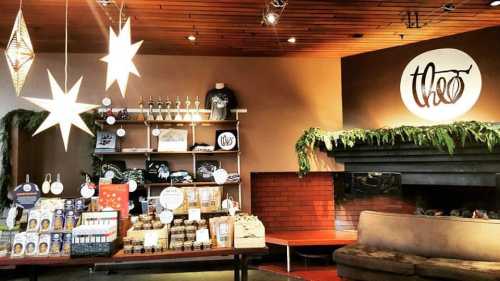 Cozy shop interior featuring shelves of products, a fireplace, and decorative star lights.