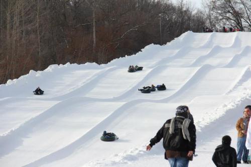 People tubing down a snowy hill, with several tracks visible and trees in the background.