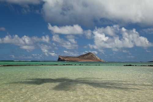 A serene beach scene with clear turquoise water, gentle waves, and a distant island under a partly cloudy sky.