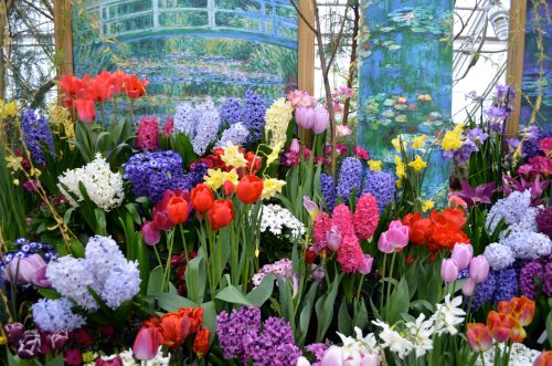 A vibrant display of colorful flowers, including tulips and hyacinths, with a backdrop of Monet-style paintings.