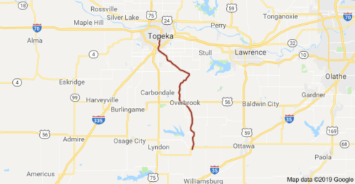 Map showing a route through Topeka, Kansas, with highlighted roads and nearby towns.