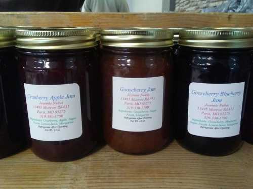 Three jars of jam on a wooden shelf: Cranberry Apple, Gooseberry, and Gooseberry Blueberry, each with labels.