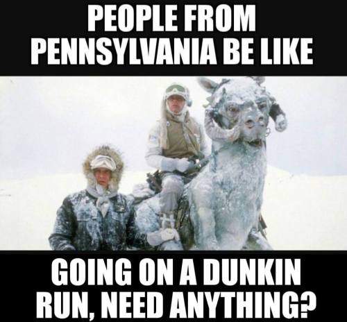 Two characters in winter gear on a snowy landscape, with text humorously referencing a Dunkin' run in Pennsylvania.