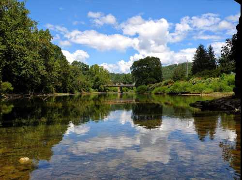 A serene river scene with clear water reflecting trees and clouds, under a blue sky with scattered clouds.