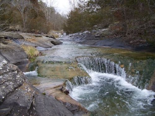 A serene stream flows over smooth rocks, surrounded by trees and a peaceful natural landscape.