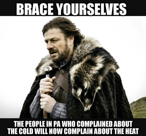 A man in a fur cloak holds a sword, with text about people in PA complaining about weather changes.