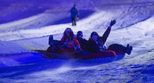 A group of people joyfully tubing down a snowy slope, illuminated by colorful lights at night.