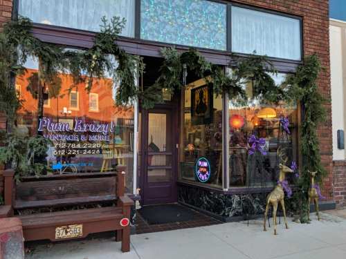 A vintage shop entrance decorated with greenery and purple accents, featuring a sign that reads "Plum Ivy."