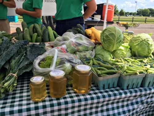 A table at a farmers market displays fresh vegetables, jars of honey, and a checkered tablecloth.