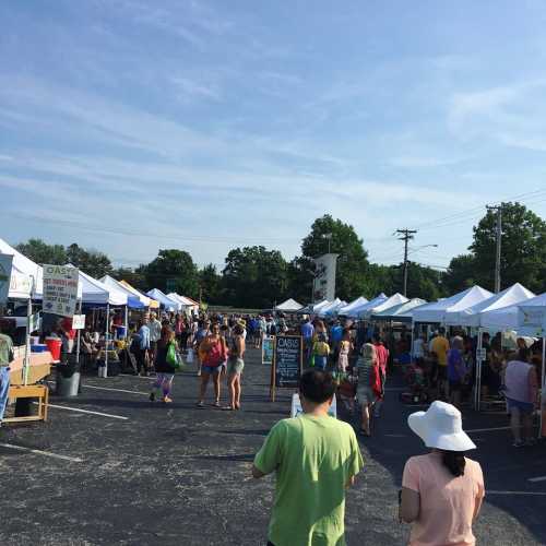 A bustling outdoor market with numerous vendor tents and a crowd of people shopping on a sunny day.