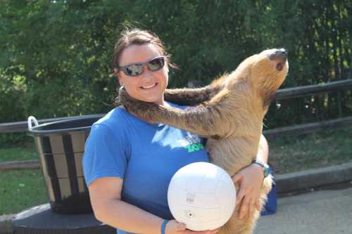 A woman in a blue shirt holds a sloth and a volleyball, smiling in a sunny outdoor setting.