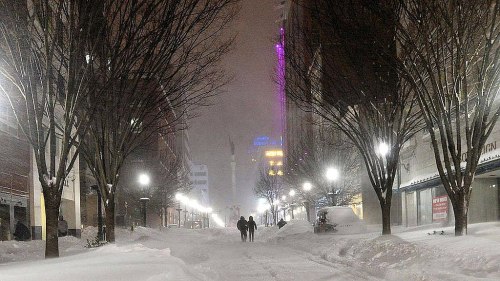 Two people walk down a snowy, deserted street lined with trees and streetlights, with buildings partially obscured by snow.