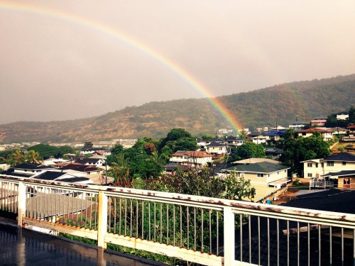 A vibrant rainbow arcs over a hillside neighborhood after rain, with houses and greenery below.