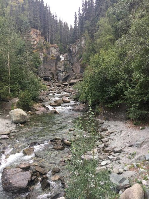 A serene landscape featuring a flowing river, rocky terrain, and a waterfall surrounded by lush green trees.