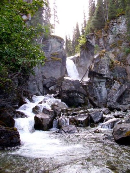 A serene waterfall cascading over rocky cliffs, surrounded by lush green trees and a flowing river below.