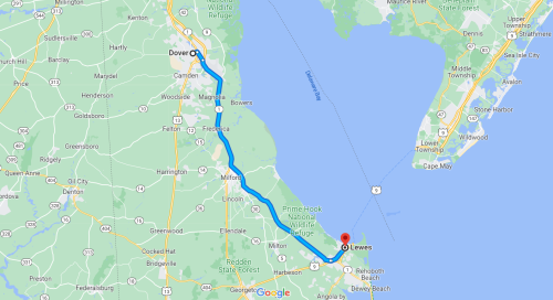 Map showing a route from Dover to Lewes, Delaware, with major roads and nearby landmarks highlighted.