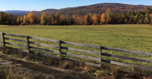 A scenic view of a green field bordered by a wooden fence, with colorful autumn trees and mountains in the background.