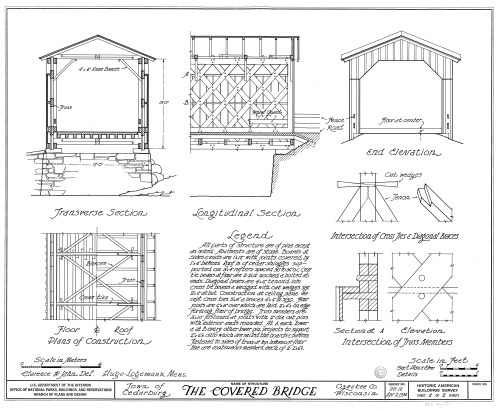 Blueprint of a covered bridge, featuring sections, elevations, and construction details with measurements.