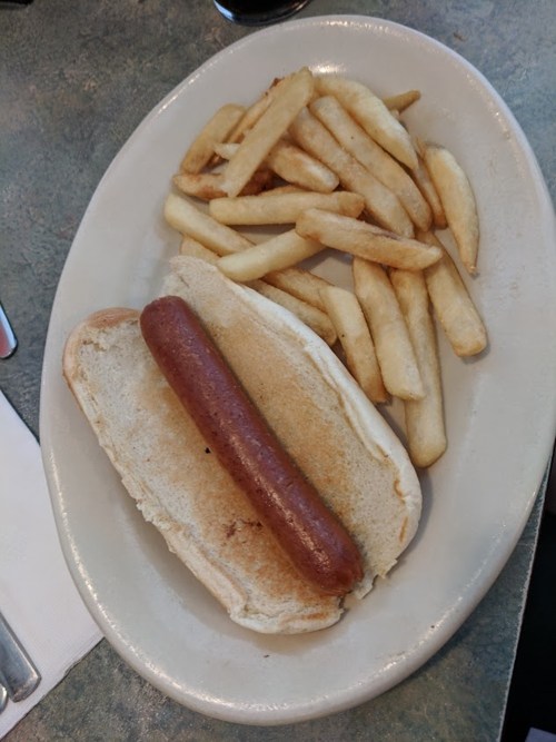A hot dog in a bun served with a side of golden French fries on a white plate.