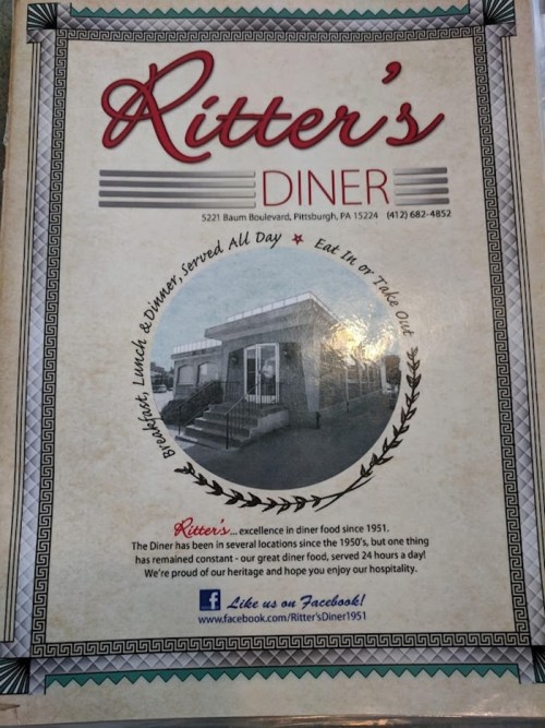 Menu cover for Ritter's Diner, featuring a photo of the diner and text about its history and offerings.