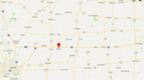 Map showing a rural area in Iowa, with a red marker indicating the location of Walnut.