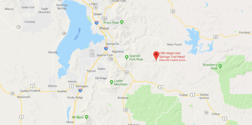 Map showing the location of Fifth Water Hot Springs Trail Head near Spanish Fork Peak, Utah.