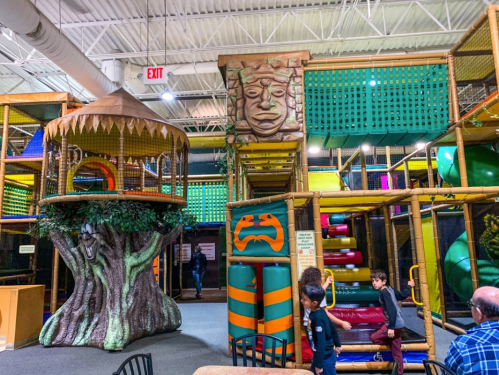 Colorful indoor playground featuring a treehouse, slides, and climbing structures, with children playing and exploring.