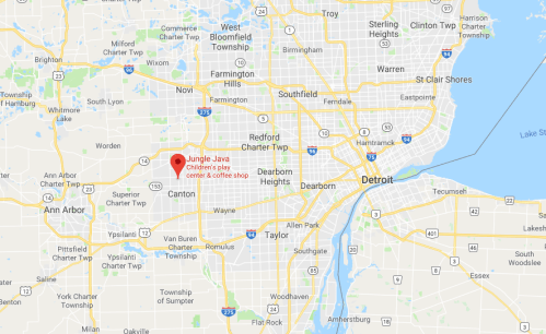 Map showing the location of Jungle Java, a children's play center and coffee shop, near Detroit, Michigan.