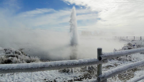 A frozen landscape with a geyser erupting, surrounded by mist and icy vegetation under a cloudy sky.
