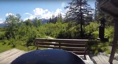 A scenic view of a lush green landscape with trees and mountains under a bright blue sky, seen from a wooden deck.