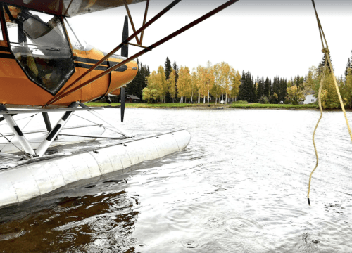 A seaplane floats on a calm lake, surrounded by autumn trees and a distant shoreline.