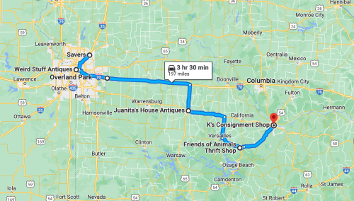 Map showing a route from Overland Park to various antique shops, totaling 197 miles and a travel time of 3 hours 30 minutes.